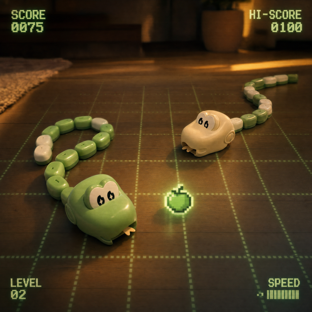 Parents and children playing interactive magnetic snake racing toy