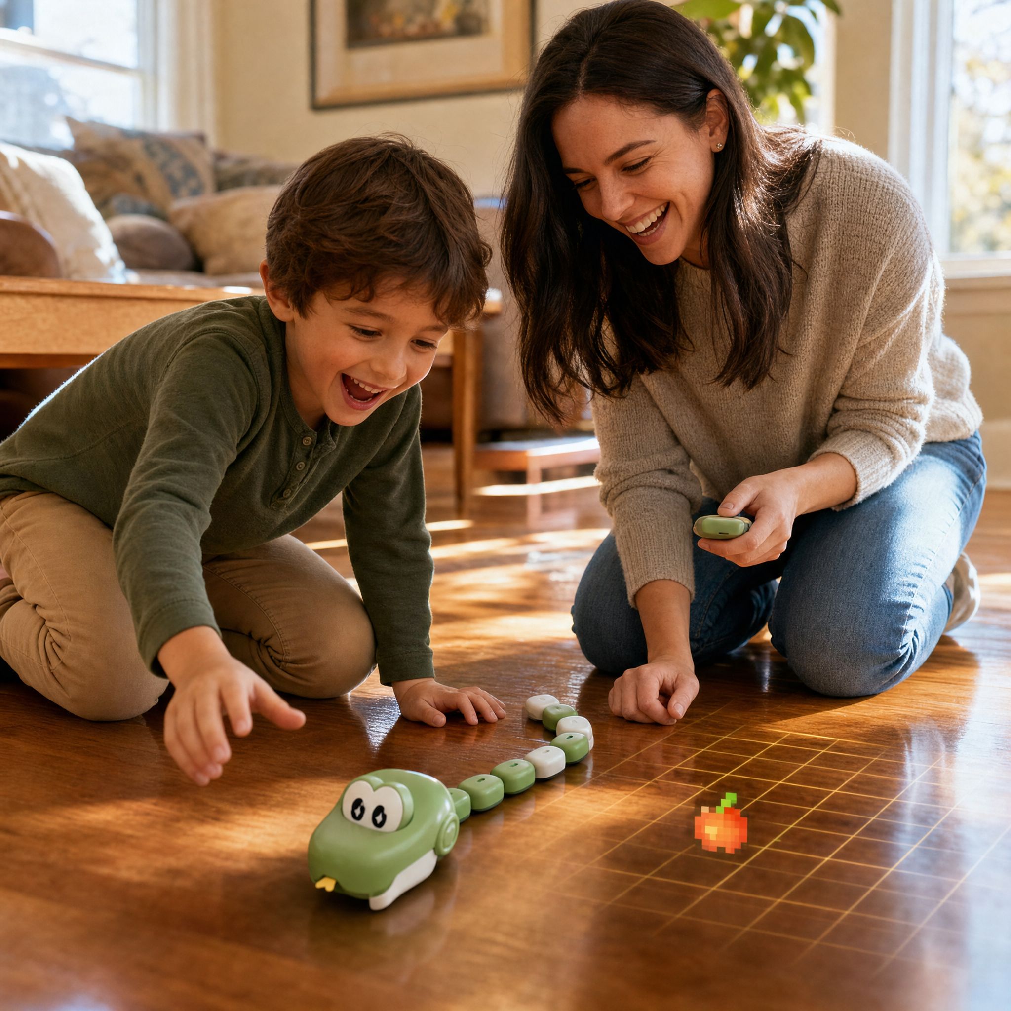 Parents and children playing interactive magnetic snake racing toy